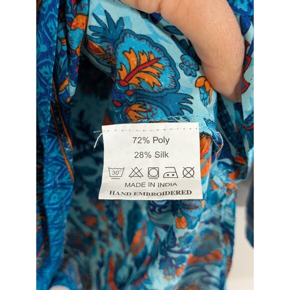 Dolma Silk Blend Floral Blue Tunic Hand Embroidered Henley Bohemian Indian Sz M - Picture 10 of 12